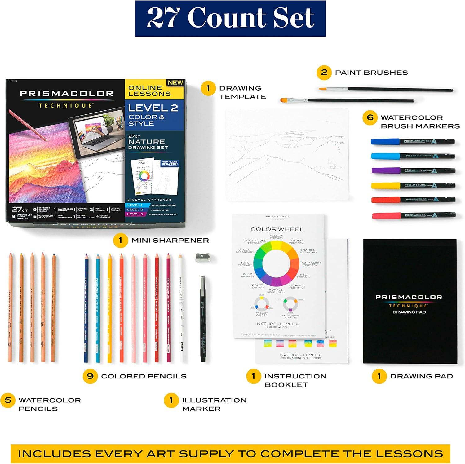 imagePrismacolor Technique Art Supplies and Digital Art Lessons Nature Drawing Set Level 2 Watercolor Pencils Brush Markers and More Sunset Landscape Drawing 27 CountNature Level 2