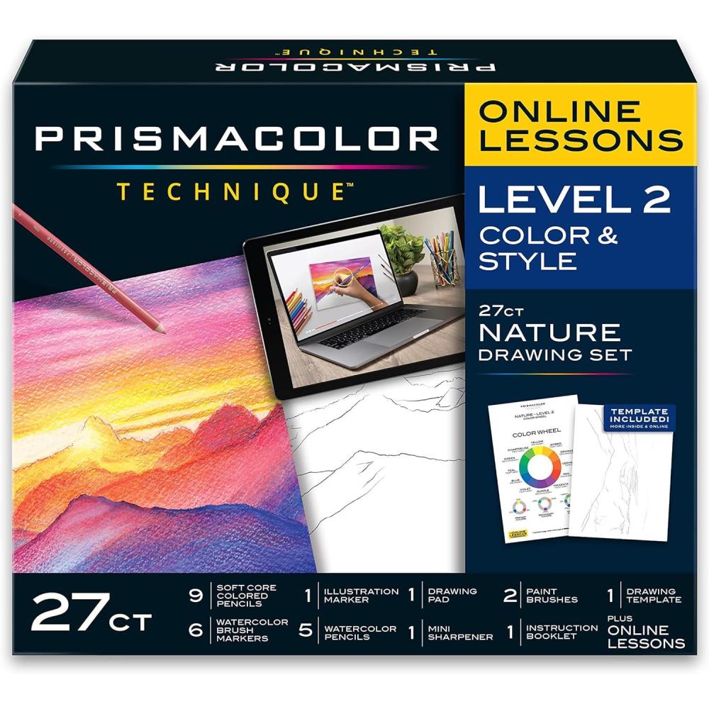 imagePrismacolor Technique Art Supplies and Digital Art Lessons Nature Drawing Set Level 2 Watercolor Pencils Brush Markers and More Sunset Landscape Drawing 27 CountNature Level 2