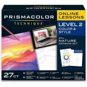 imagePrismacolor Technique Art Supplies and Digital Art Lessons Nature Drawing Set Level 2 Watercolor Pencils Brush Markers and More Sunset Landscape Drawing 27 CountNature Level 2